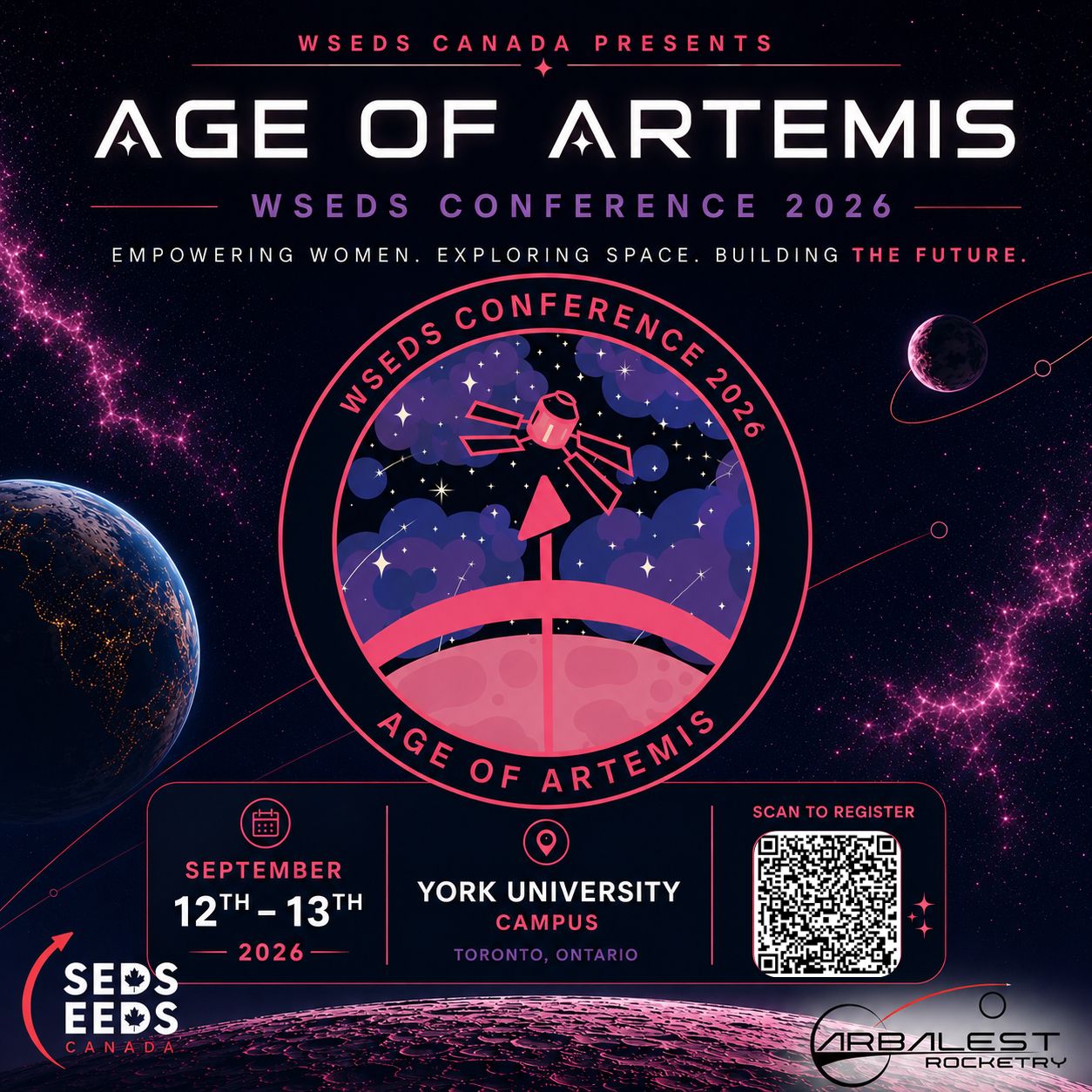 wSEDS Conference 2026: Age of Artemis — event poster with dates, venue and registration QR code